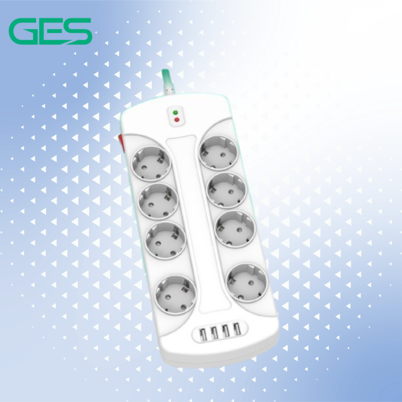 GM8U-NR | GES Multifunctional Surge Protector 8 Outlets Shucko, 230V, 4 USB A, 2M Cable